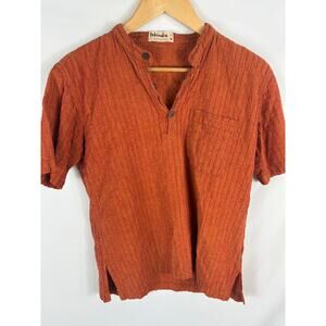 Fabindia Mens Orange V Neck Texture Stripe Cotton Shirt Size 38
